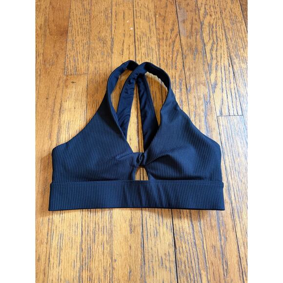 Fabletics Sports Bra Womens Small Black Ribbed Keyhole High Neck Crossback - Picture 1 of 3